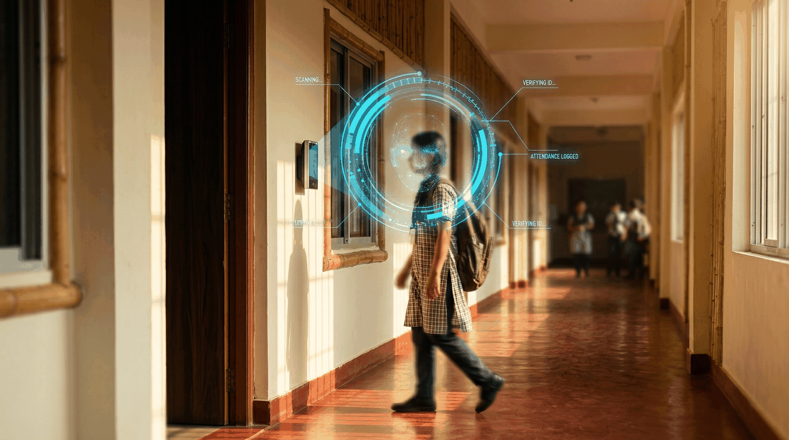 A student walks past a face-recognition attendance reader in a school corridor